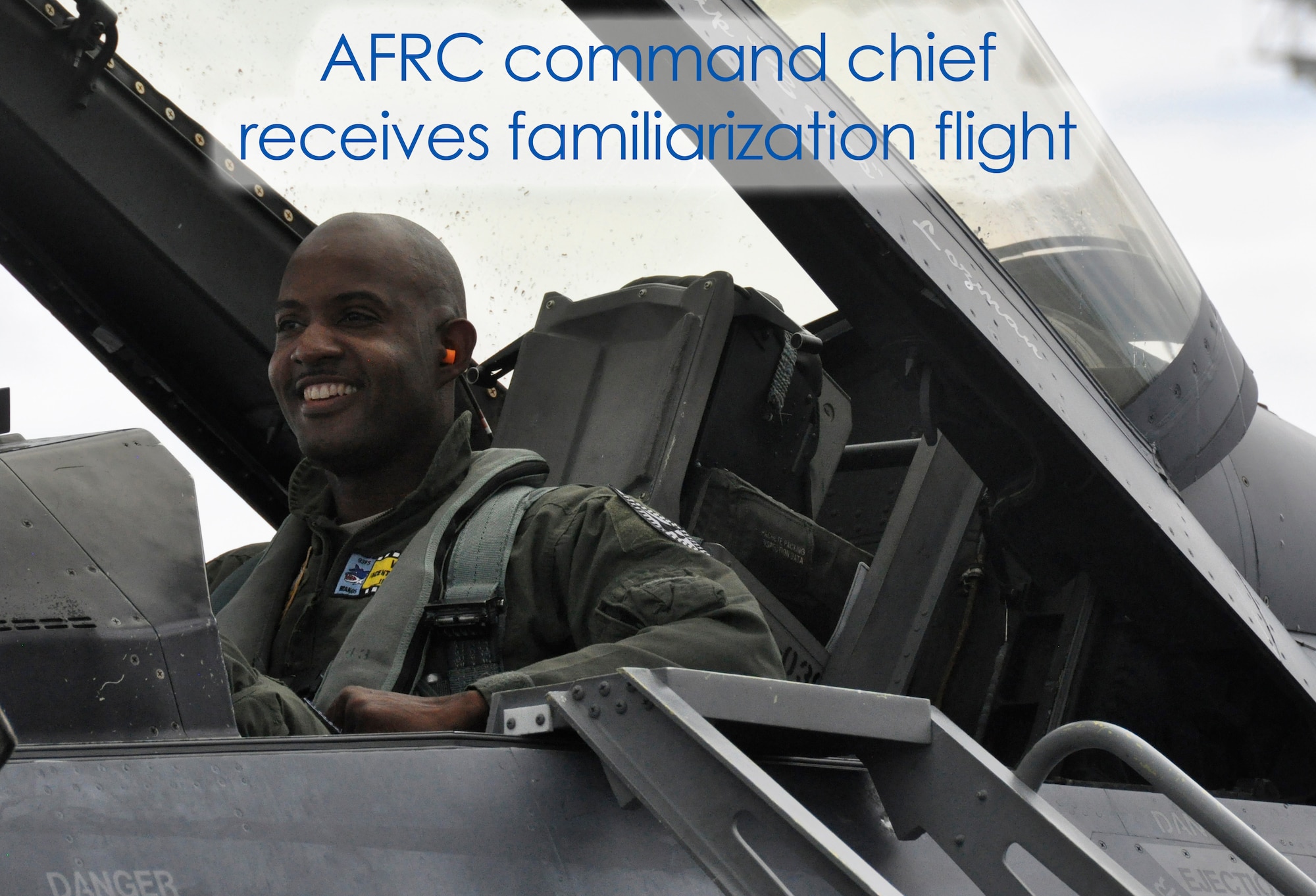 Chief Master Sgt. Cameron B. Kirksey, Air Force Reserve Command command chief master sergeant, climbed in the back seat of an F-16 for a familiarization flight with Col. Donald R. Lindberg, 10th Air Force vice commander, at Homestead Air Reserve Base, Fla., July 12. (U.S. Air Force photo/Tech. Sgt. Lou Burton)