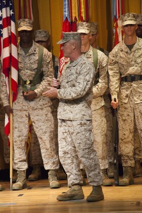 Maj. Gen. H. Stacy Clardy III speaks to Japanese officials and U.S. Marines and sailors during 3rd Marine Division’s change of command ceremony July 12 at the Camp Courtney theater. “I very much look forward to serving with the finest division in the Marine Corps, and I look forward to the challenges ahead,” said Clardy. Padilla’s next command will be at Headquarters, U.S. Marine Corps where he will serve as the Director of Operations with Plans, Policies and Operations. Clardy’s previous assignment was at Headquarters, U.S. Marine Corps where he served as the Director of Operations with Plans, Policies and Operations. The division is part of III Marine Expeditionary Force. (U.S. Marine Corps photo by Sgt. Brian A. Marion/Released)