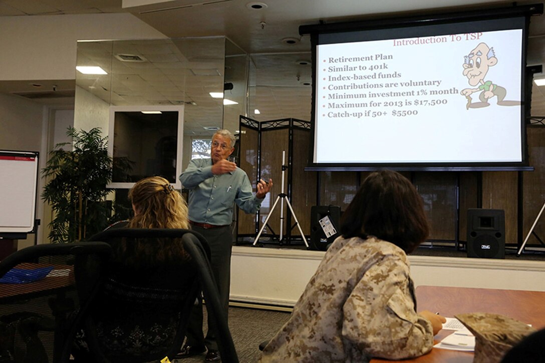 Chuck Mathieu, Marine Corps Community Services Personal Financial Management Program Manager aboard Marine Corps Recruit Depot Parris Island, speaks to service members and Department of Defense employees about the Thrift Saving Plan during ‘The Making of the Military Millionaire’ workshop at the Four Winds Family Readiness Center aboard Marine Corps Recruit Depot Parris Island, July 2. 