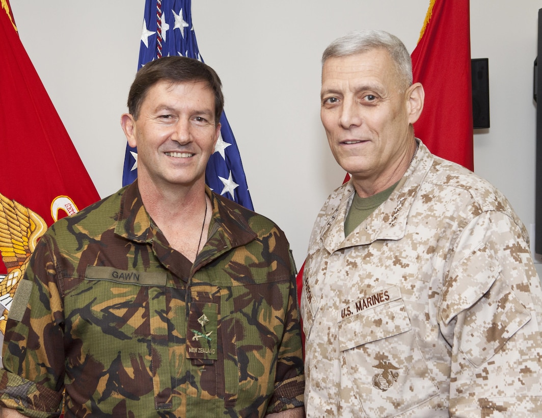 The Assistant Commandant of the Marine Corps, Gen. John M. Paxton, Jr., right, poses for a photo with the New Zealand Chief of Army, Major General David Gawn, at the Pentagon, Washington D.C., July 17, 2013. (U.S. Marine Corps photo by Cpl. Tia Dufour/Released)