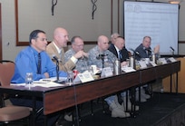 Panel members take questions during the NORAD and USNORTHCOM Chemical, Biological, Radiological and Nuclear Conference at the Cheyenne Mountain Resort in Colorado Springs, Colo., April 5. The conference focused on educating military, state and local officials on the roles the different CBRN organizations would play in planning for, resopnding to and recovering from a radiological attack on a U.S. city. 