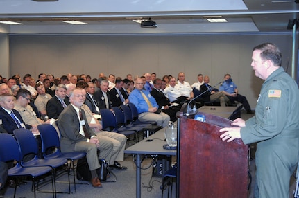 Air Force Brig. Gen. Richard Scobee, North American Aerospace Defense Command Deputy Director of Operations, gives opening remarks at the 2nd annual NORAD and USNORTHCOM Maritime Stakeholders Conference June 1. The conference brings together military and civilian maritime agencies to discuss security and information sharing. The conference runs through June 3.
