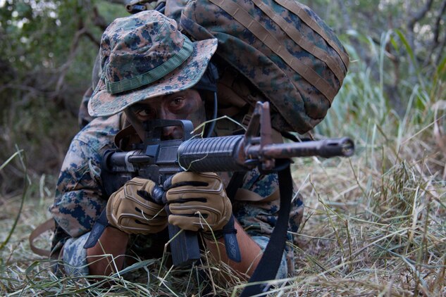A Reconnaissance Marine with 4th Force Reconnaissance Company aims during their two weeks of annual training at the Marine Corps Training Area Bellows, Hawaii, July 18, 2013. (U.S. Marine Corps photo by Lance Cpl. Nathan Knapke)