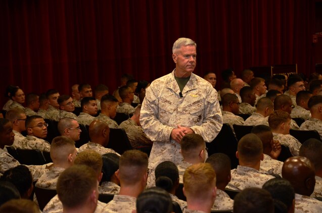 Gen. James F. Amos, Commandant of the Marine Corps, addresses Marines at the base theater, July 15, 2013. Amos and Sgt. Maj. Micheal P. Barrett, sergeant major of the Marine Corps, both visited Marine Corps Base Hawaii to discuss issues circulating within the Marine Corps. (U.S. Marine Corps photo by Lance Cpl. Nathan Knapke)




