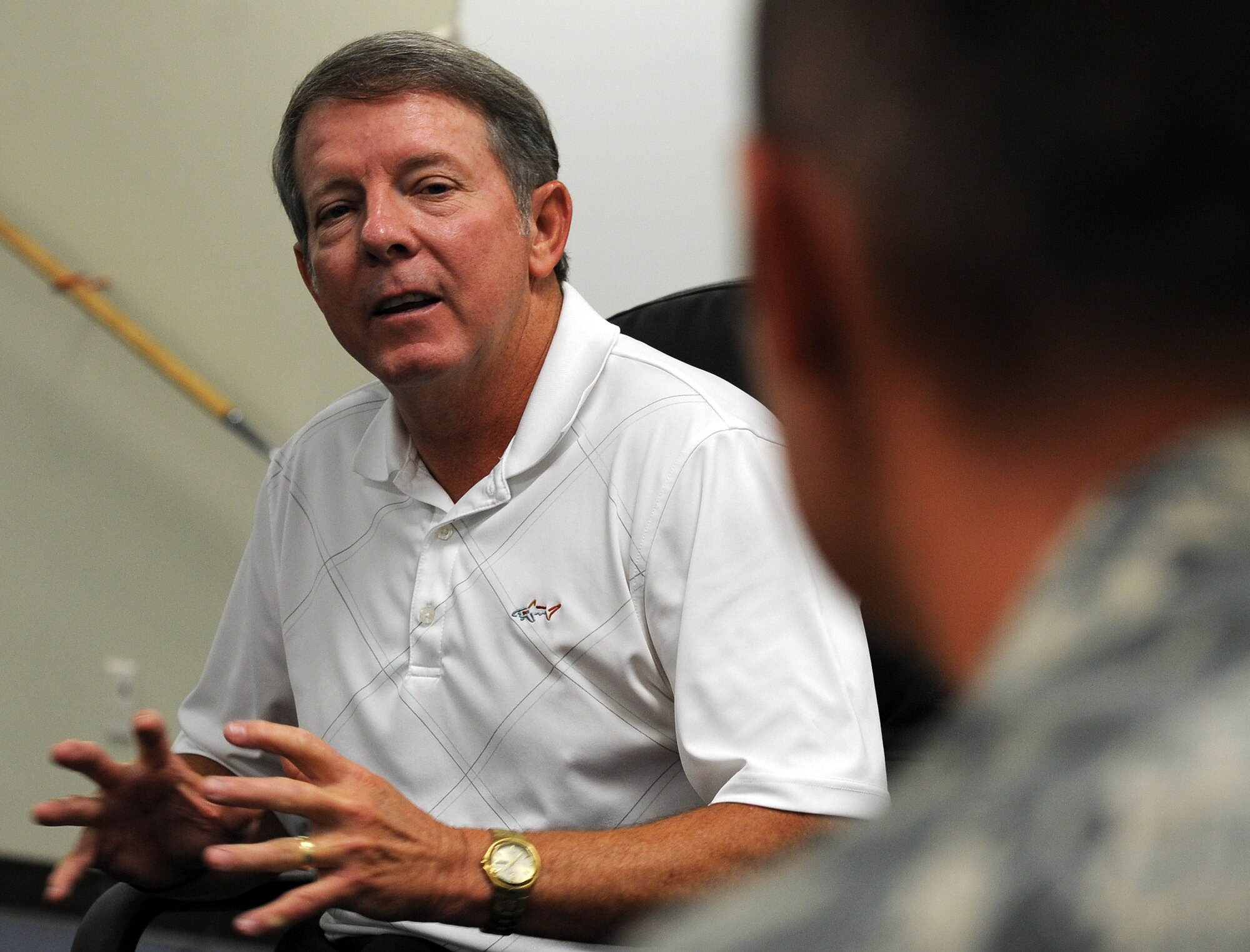 ALTUS AIR FORCE BASE, Okla. – Fifteenth Chief Master Sergeant of the Air Force (ret.) Rodney McKinley speaks to Senior Airman Jeffery Edgmon, 97th Logistics Readiness Squadron air transportation journeyman and Airman Leadership School class 13-F student, July 19. McKinely spoke to Edgmon and other students about the importance of getting to know fellow Airmen and becoming a good leader. McKinley visited Altus AFB to be the guest speaker at the Senior NCO Induction Ceremony. (U.S. Air Force photo by Airman 1st Class Levin Boland / Released)