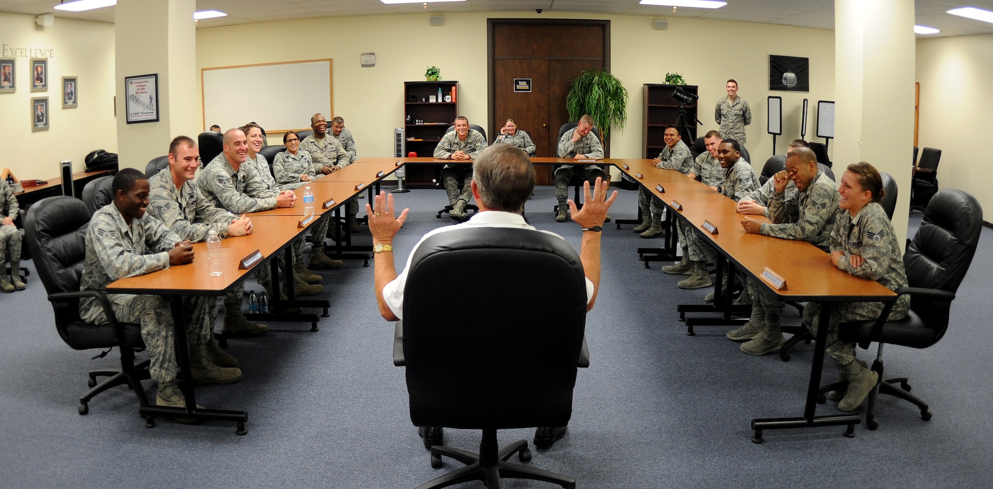 ALTUS AIR FORCE BASE, Okla. – Fifteenth Chief Master Sergeant of the Air Force (ret.) Rodney McKinley speaks to Airman Leadership School class 13-F, July 19. McKinley shared his past experiences and lessons from 30 years of service to help the Airmen become more effective leaders. McKinley visited Altus AFB to be the guest speaker at the Senior NCO Induction Ceremony. (U.S. Air Force photo by Airman 1st Class Levin Boland / Released)