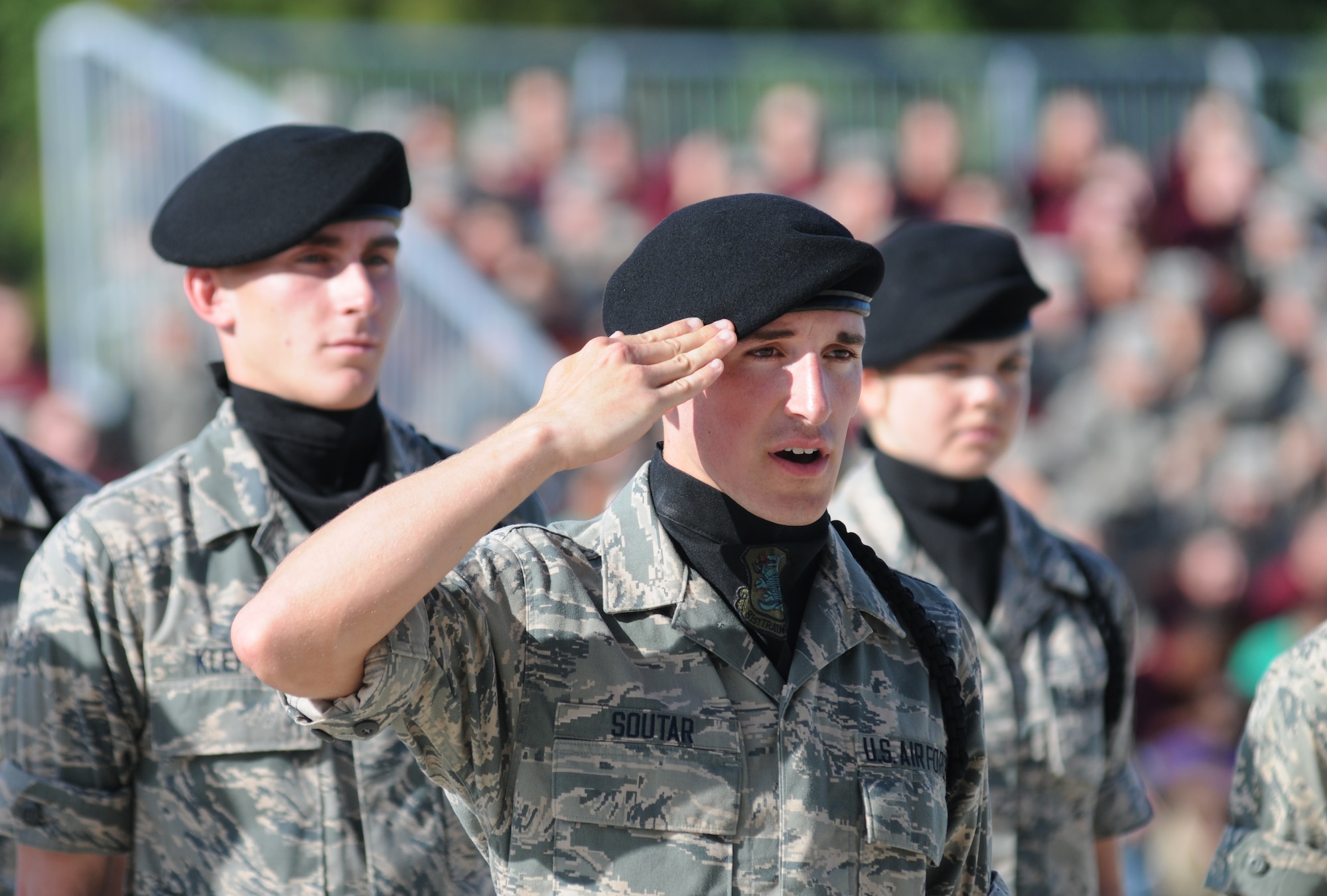 Airman Basic David Soutar, 334th Training Squadron regulation drill master, requests permission to enter the field of regulation drill competition during the 81st Training Group drill down competition July 19, 2013, behind the Levitow Training Support Facility, Keesler Air Force Base, Miss.  The 334th TRS won third place in every category to include open ranks, regulation, freestyle and overall.  (U.S. Air Force photo by Kemberly Groue)