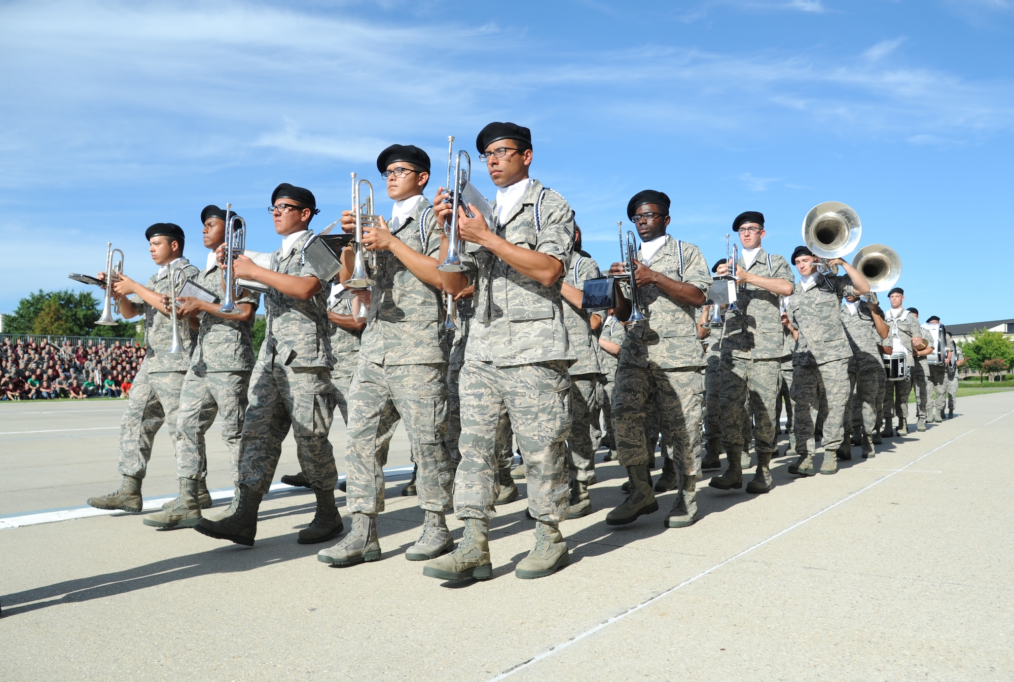 The Blue Knight drum and bugle corps performed during the 81st Training Group drill down competition July 19, 2013, behind the Levitow Training Support Facility, Keesler Air Force Base, Miss.  Col.  George Tombe, 81st TRG commander, was the presiding officer for the event.  (U.S. Air Force photo by Kemberly Groue)