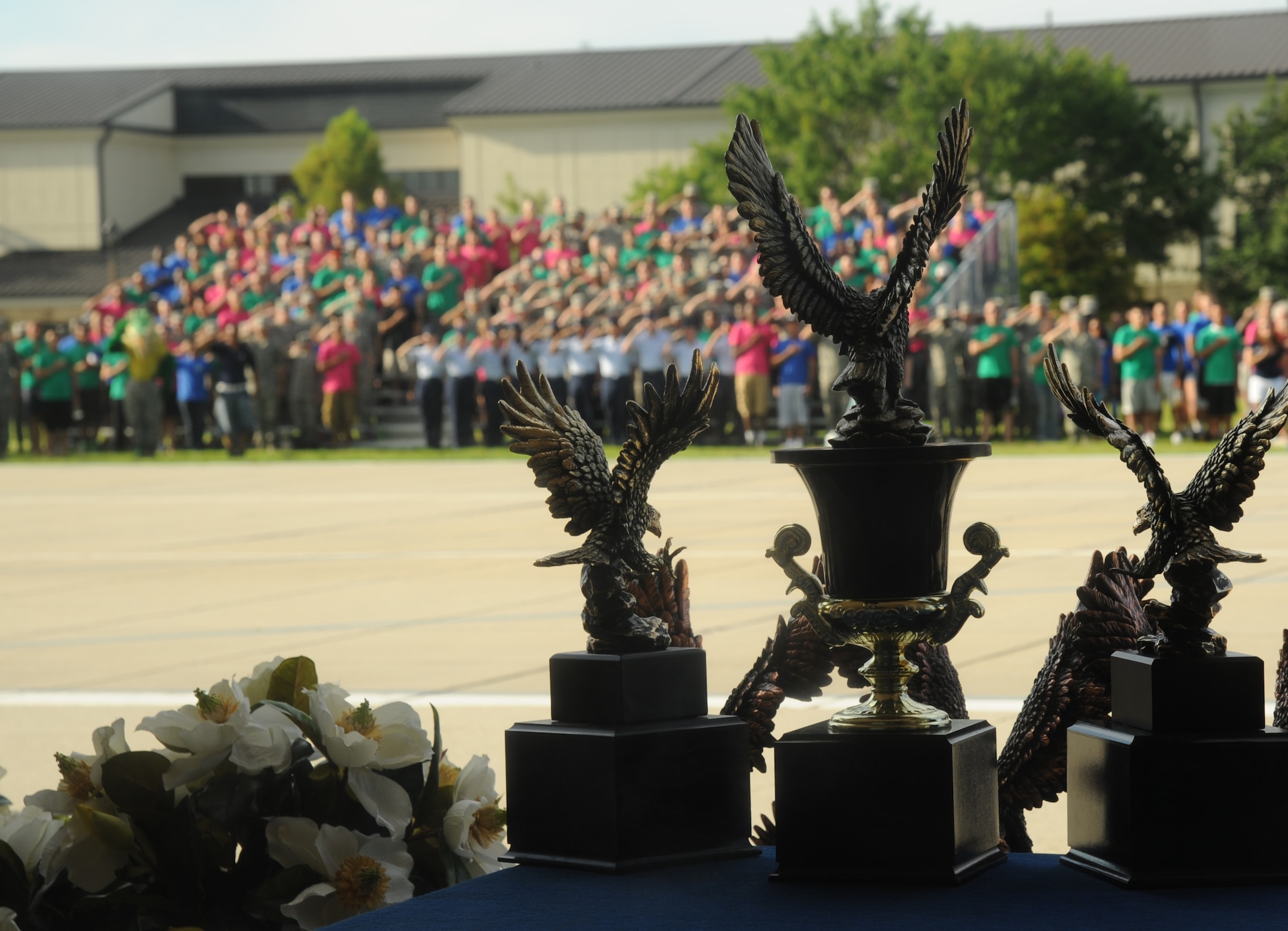Trophies sit on display during the 81st Training Group drill down competition July 19, 2013, behind the Levitow Training Support Facility, Keesler Air Force Base, Miss.  The 335th Training Squadron swept the competition, winning first place in every category to include open ranks, regulation, freestyle and overall.  (U.S. Air Force photo by Kemberly Groue)