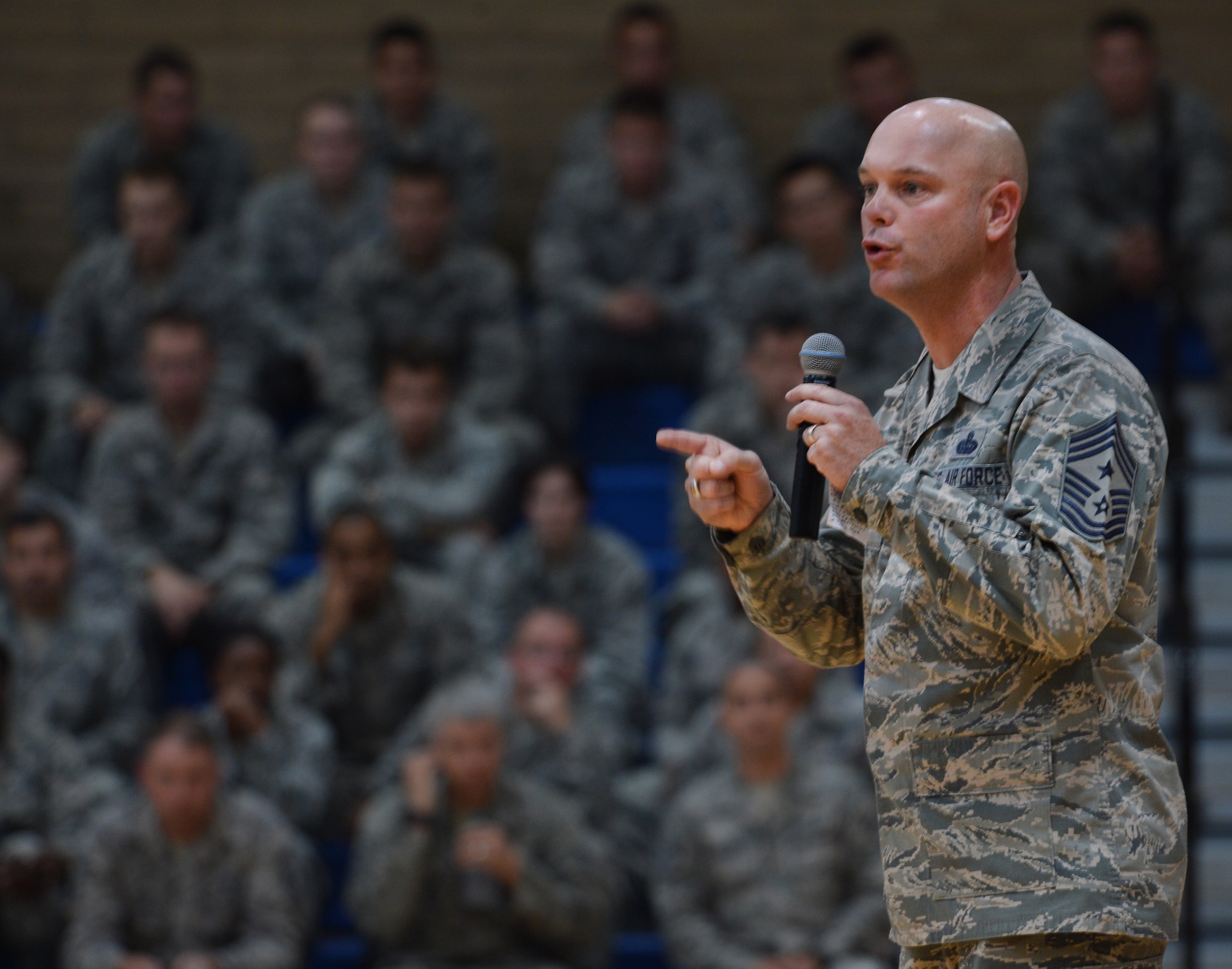 Chief Master Sgt. David Staton, 56th Fighter Wing command chief, talks with Luke Air Force Base Airmen during an enlisted call July 12 at the Bryant Fitness Center. Topics included driving under the influence prevention, wingmanship and leadership.(U.S. Air Force photo/Senior Airman Kate Vaughn)