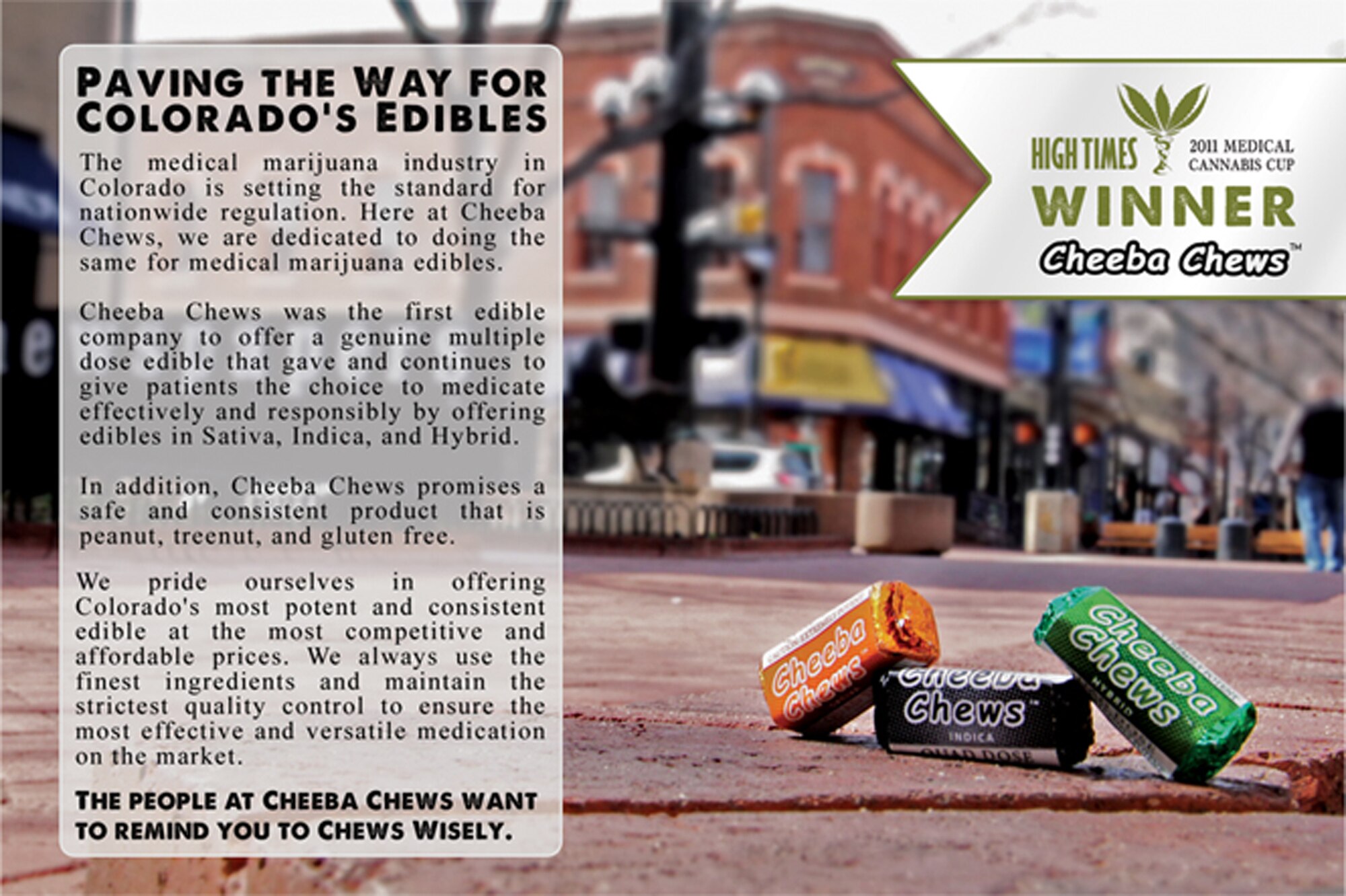 An advertisement from the Cheeba Chews website states an award that the product recently received. Cheeba Chews are a chocolate taffy embedded with more than one dose of Cannabis, the flowering plant that marijuana and salvia are derived from. (Courtesy image from Cheeba Chews website)