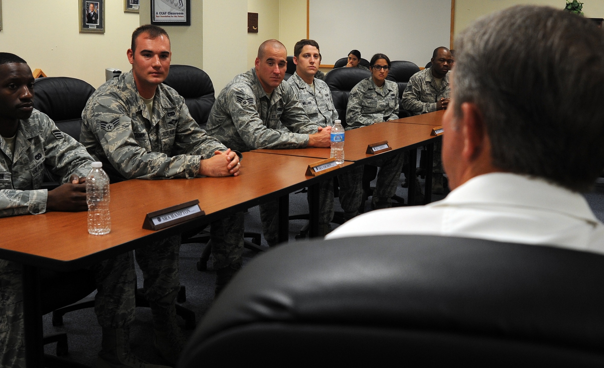 ALTUS AIR FORCE BASE, Okla. – Fifteenth Chief Master Sergeant of the Air Force (ret.) Rodney McKinley speaks to Airman Leadership School class 13-F, July 19. McKinley shared his past experiences from a wide variety of career fields, including medical and aircraft maintenance, to help the Airmen become more effective leaders. McKinley was appointed the 15th CMSAF in 2006 and retired after 30 years of service in 2009. McKinley visited Altus AFB to be the guest speaker at the Senior NCO Induction Ceremony.  (U.S. Air Force photo by Airman 1st Class Levin Boland / Released)