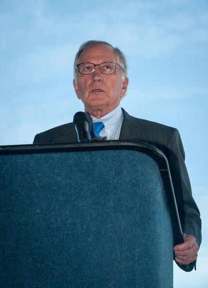 Sam Nunn, former U.S. senator, speaks about the arrival of the new HC-130J Combat King II July 19, 2013, at Moody Air Force Base, Ga. The HC-130J will replace the current HC-130P Combat Kings, which are nearly 50 years old. (U.S. Air Force photo by Senior Airman Jarrod Grammel/Released)
