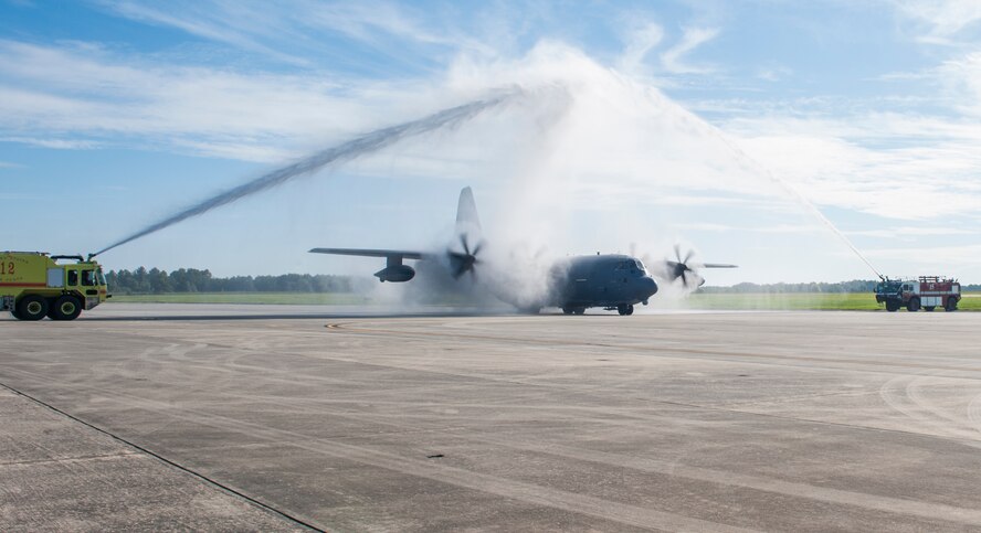 An HC-130J Combat King II taxis through an arch of water July 19, 2013, at Moody Air Force Base, Ga. The aircraft is the first of nine HC-130J models Moody is scheduled to receive over the next five years. (U.S. Air Force photo by Senior Airman Jarrod Grammel/Released)
