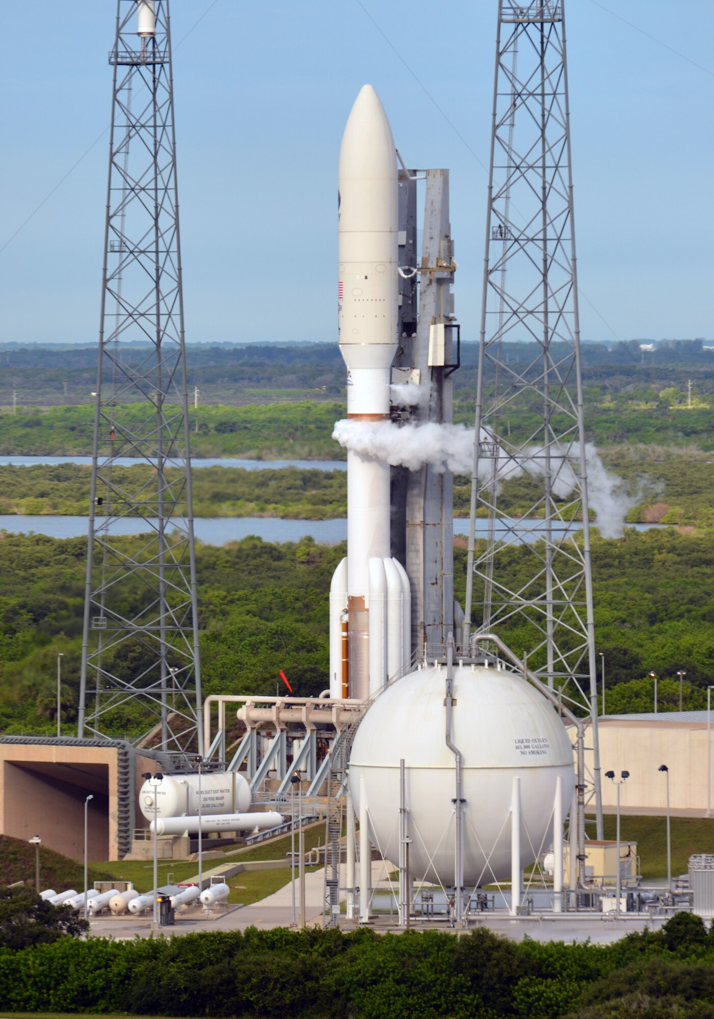 An Atlas V rocket is prepared for takeoff July 19, 2013 at Cape Canaveral Air Force Station, Fla. The launch marked the largest ever payload for an Atlas V rocket. (U.S. Air Force photo/Tech. Sgt. Anna-Maire Wyant)