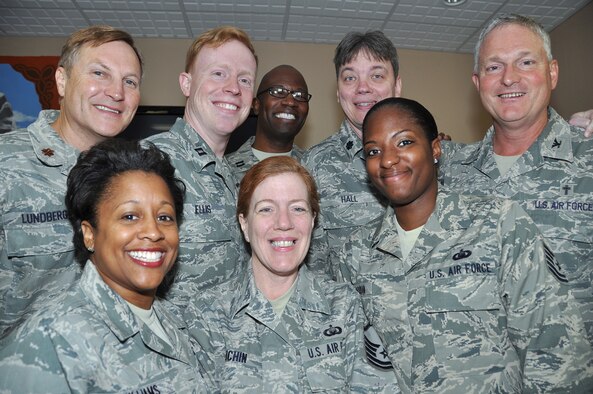TRAVIS AIR FORCE BASE, Calif. --  349th Air Mobility Wing Chaplain Staff, from top left: Ch, Maj. Glenn R. Lundberg, Ch, Capt. Matthew L. Ellis, Ch, 1Lt. Kemeul L. Bellows, Ch, Lt.Col. Le Bane S. Hall, Ch, Col. Tyler S. Guy, Staff Sgt. Danielle R. Williams, Senior Master Sgt. Rita K. Houchin, and Staff Sgt. Kenyetta D. Sullivan (not pictured: Master Sgt. Stacey D. Hazewood) U.S. Air Force photo / Senior Airman Cindy Alejandrez 