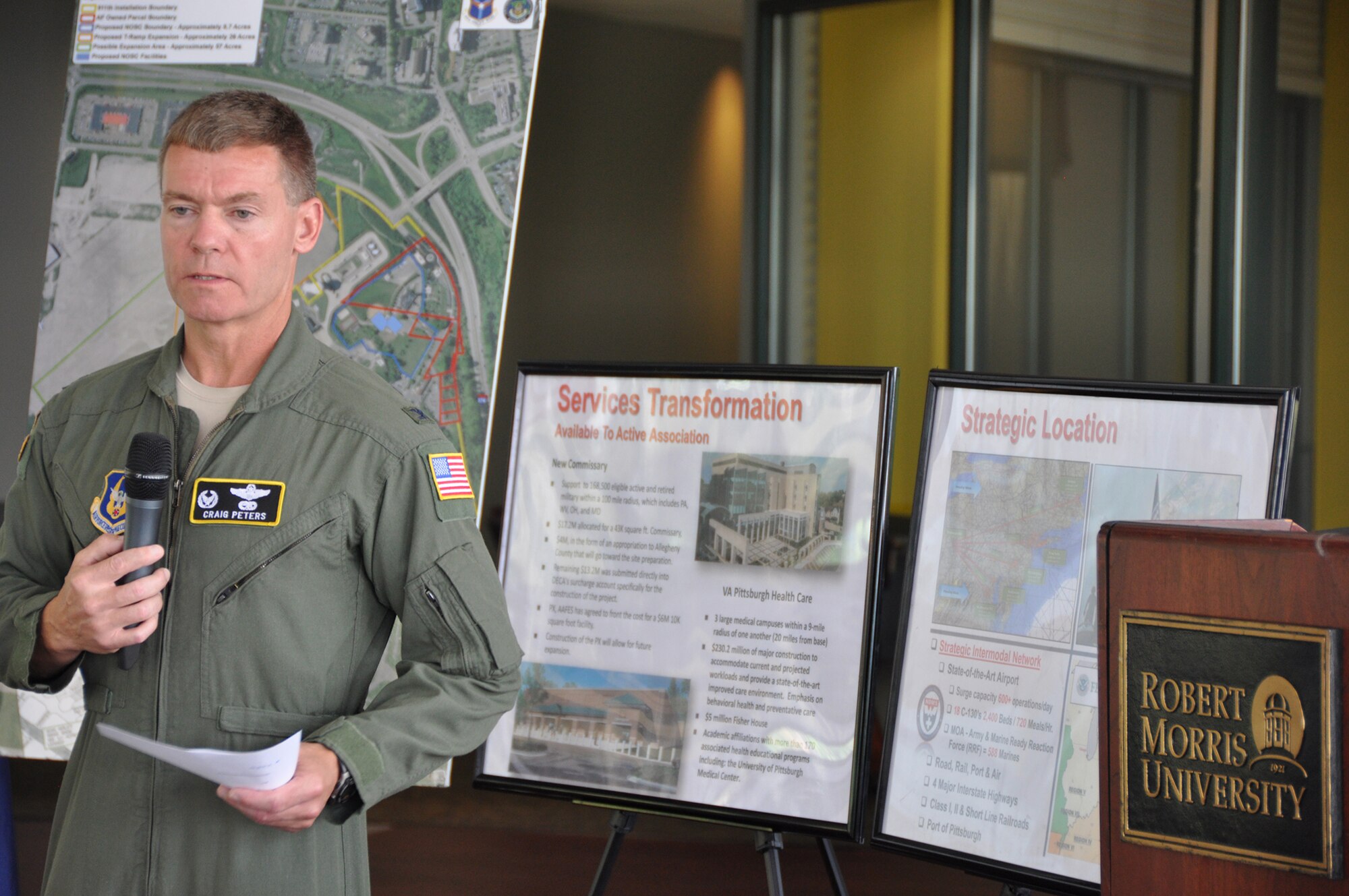 Col. Craig C. Peters, 911th Airlift Wing commander, spoke at a Pittsburgh Airport Area Chamber of Commerce event hosted at the Robert Morris University Sports Island complex, July 16, 2013. Peters spoke about the Wing’s 50 years in the community and about the base’s potential expansion, strategic location, and community support.  In attendance was State Senator Matt Smith (D-Allegheny), representatives from the Employer Support of the Guard and Reserve (ESGR) and the Allegheny County Bar association.  Presenters also educated attendees on the Uniformed Services Employment and Reemployment Rights Act of 1994 (USERRA) and the legalities of employing Reservists, veterans, and active duty military personnel. (U.S. Air Force photo by Ms. Emily Farah)