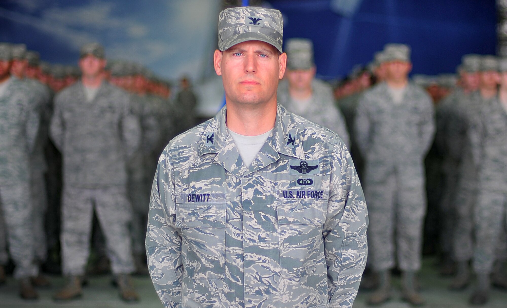 Col. Sean DeWitt, 51st Fighter Wing vice commander, stands at parade rest during the 51st FW’s change of command ceremony at Osan Air Base, Republic of Korea, July 19, 2013. During the ceremony, Col. Patrick McKenzie relinquished command of the 51st FW to Col. Brook Leonard. In Leonard’s previous assignment, he served as the 451st Expeditionary Operations Group commander at Kandahar Airfield, Afghanistan. (U.S. Air Force photo/Senior Airman Siuta B. Ika)