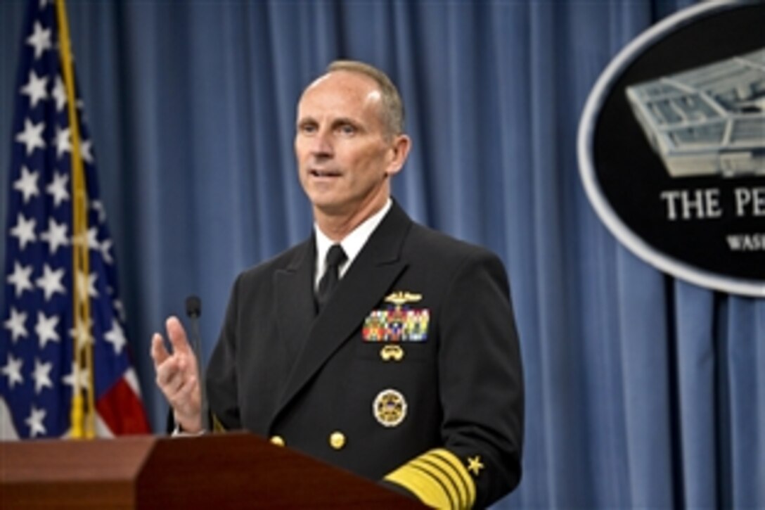 Navy Adm. Jonathan W. Greenert, chief of naval operations, briefs reporters on the state of the Navy at the Pentagon, July 19, 2013.
