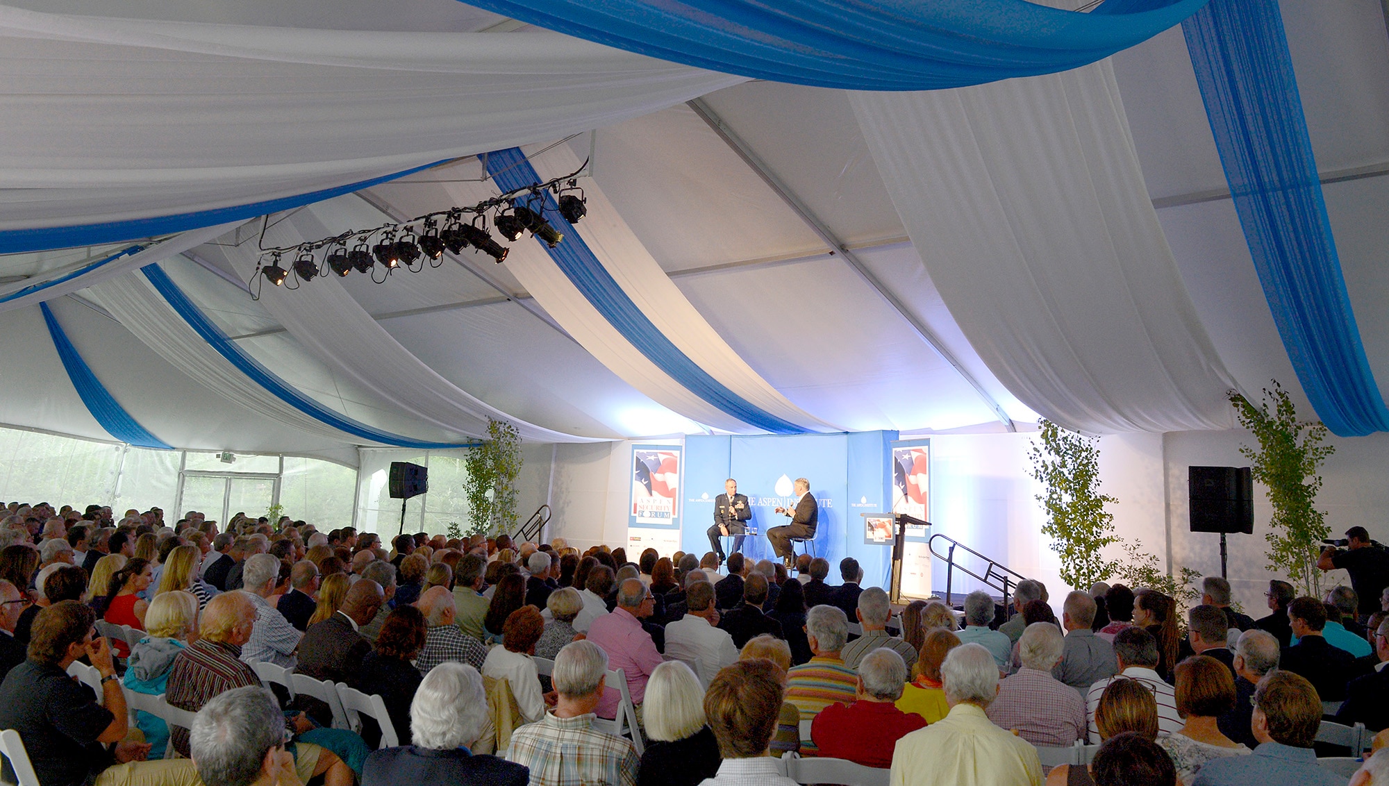 John King, CNN National Correspondent, asks Air Force Chief of Staff Gen. Mark A. Welsh III a question during the Aspen Security Forum in Aspen, Colo., July 17, 2013. Welsh opened up the four-day event with a session focusing on the importance of airpower for the nation. King moderated the session and touched upon other topics impacting today's Air Force, the Department of Defense and national security. (U.S. Air Force photo/Scott M. Ash)