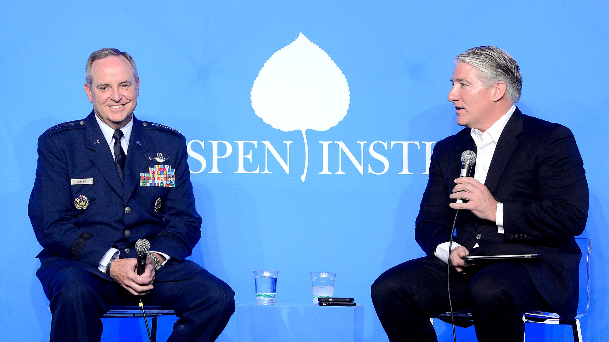 John King, CNN National Correspondent, asks Air Force Chief of Staff Gen. Mark A. Welsh III a question during the Aspen Security Forum in Aspen, Colo., July 17, 2013. Welsh opened up the four-day event with a session focusing on the importance of airpower for the nation. King moderated the session and touched upon other topics impacting today's Air Force, the Department of Defense and national security. (U.S. Air Force photo/Scott M. Ash)