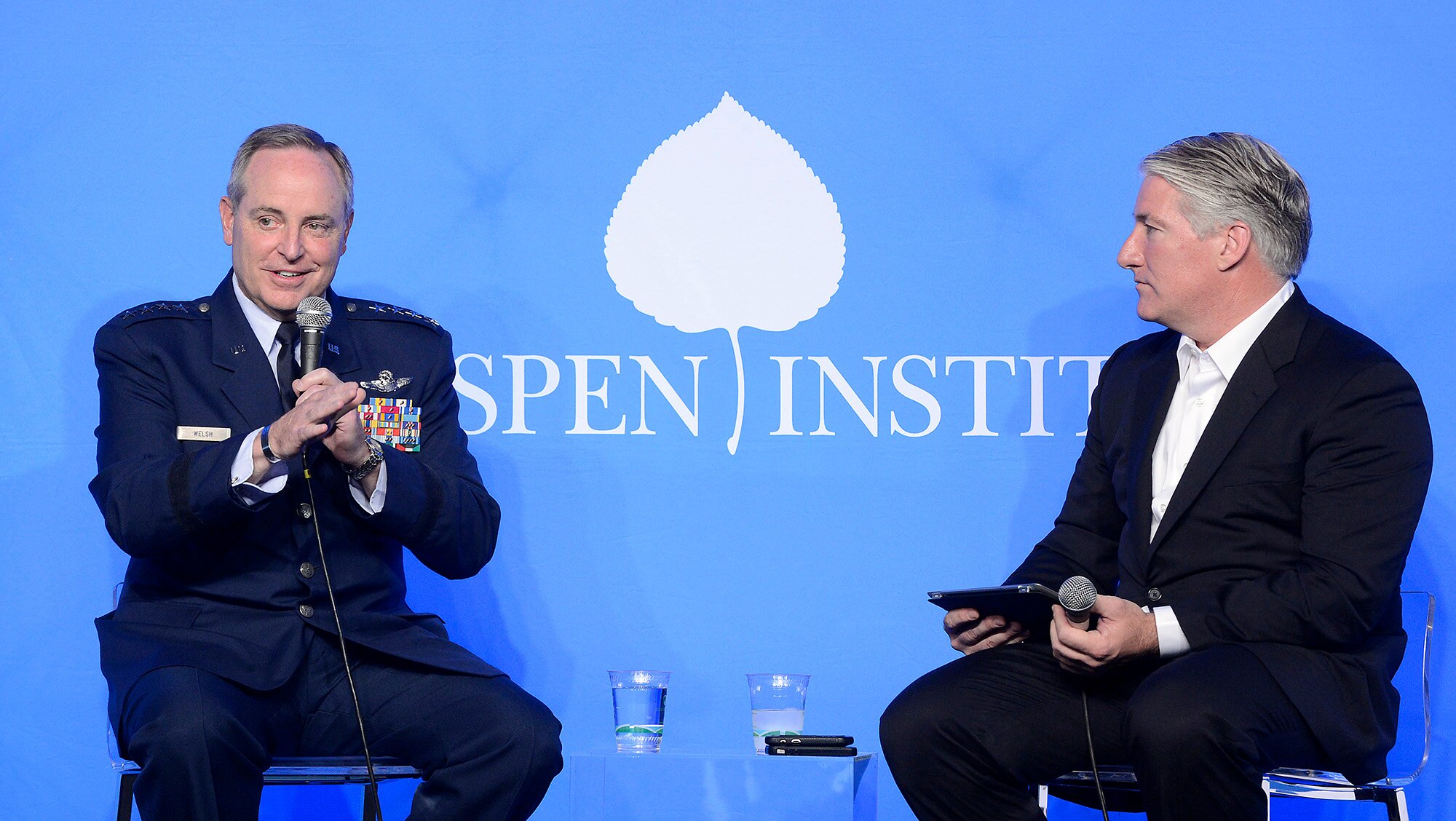 Air Force Chief of Staff Gen. Mark A. Welsh III answers a question from John King, a CNN National Correspondent, during the Aspen Security Forum in Aspen, Colo., July 17, 2013. Welsh opened up the four-day event with a session focusing on the importance of airpower for the nation. King moderated the session and touched upon other topics impacting today's Air Force, the Department of Defense and national security. (U.S. Air Force photo/Scott M. Ash)