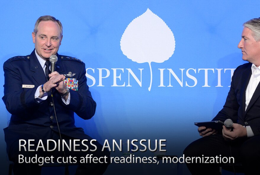 Air Force Chief of Staff Gen. Mark A. Welsh III answers a question from John King, a CNN National Correspondent, during the Aspen Security Forum in Aspen, Colo., July 17, 2013. Welsh opened up the four-day event with a session focusing on the importance of airpower for the nation. King moderated the session and touched upon other topics impacting today's Air Force, the Department of Defense and national security. (U.S. Air Force photo/Scott M. Ash)