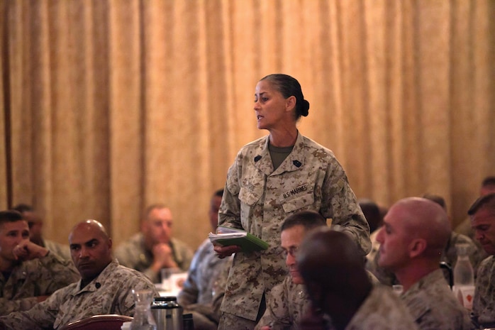 Sgt. Maj. Tamara L. Fode addresses Marine Corps leaders of commands across Okinawa during the 2013 Sexual Assault Prevention and Response Leadership Summit July 15 at the Butler Officers’ Club. The summit focused on how commanders and senior enlisted advisors should foster a positive command climate to combat sexual assault. Fode is the sergeant major of 3rd Marine Logistics Group, III Marine Expeditionary Force.