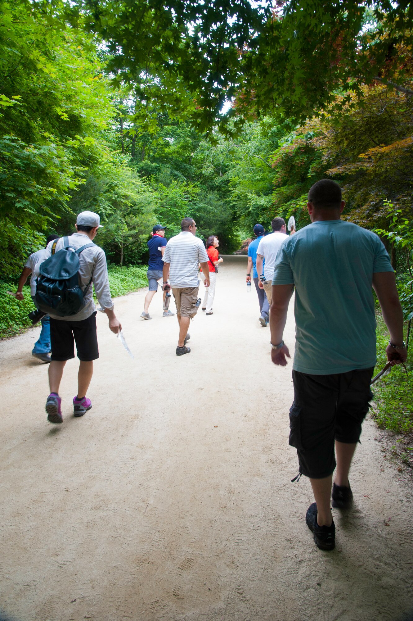 Eighth Fighter Wing and Republic of Korea 38th Fighter Group airmen walk along the barefoot trail at Mount Gangchun Park, ROK, June 10, 2013. This tour was part of the 2013 ROK and U.S. Servicemen Culture Experience Program sponsored by the 38th FG, ROK. (U.S. Air Force photo by Senior Airman Jessica Haas/Released) 