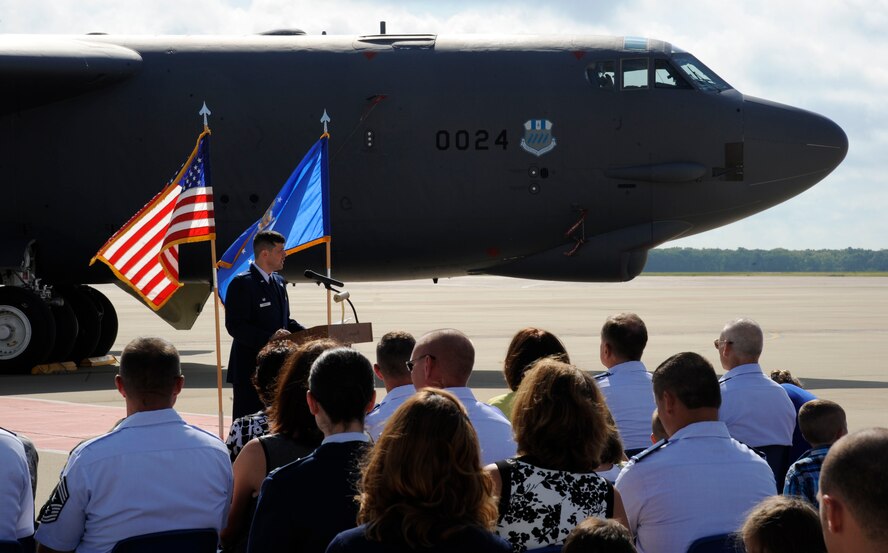 Col. Andrew Gebara, 2nd Bomb Wing commander, speaks during the remembrance ceremony for the crewmembers of RAIDR 21, on Barksdale Air Force Base, La., July 21, 2013. Family members, friends and members of Team Barksdale gathered on the fifth anniversary to celebrate the lives, dedication and service of the aviators. (U.S. photo/Airman 1st Class Andrew Moua)