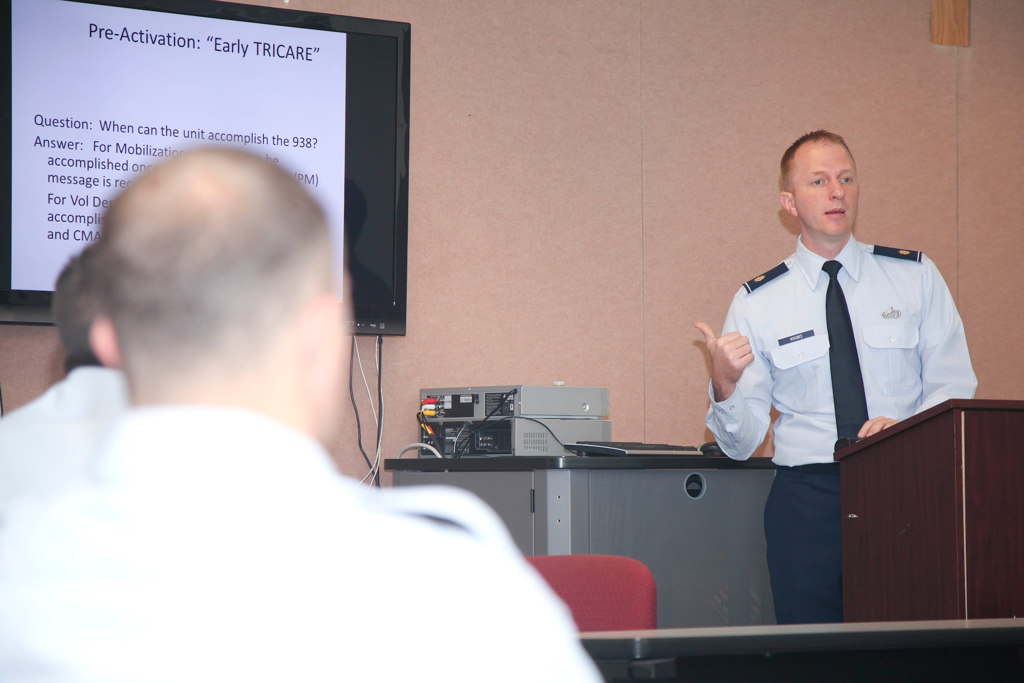 New 315th Force Support Squadron commander Maj. James A. Rigsbee talks to a group of Airmen about military benefits today during the junior NCO training event here at Joint Base Charleston, S.C. (U.S. Air Force photo by Staff Sgt. Rashard Coaxum/released)