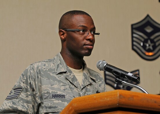 KUNSAN AIR BASE, Republic of Korea – Tech. Sgt. Anthony Harris, 8th Security Forces Squadron physical security NCO in charge, serves as the master of ceremonies for the Technical Sergeant  Release Party held at the Loring Club at Kunsan Air Base, Republic of Korea July 3, 2013. Harris was named Kunsan’s weekly “Pride of the Pack” for the week of June 24 – 28, 2013. (U.S. Air Force photo by Senior Airman Jessica Haas/released)