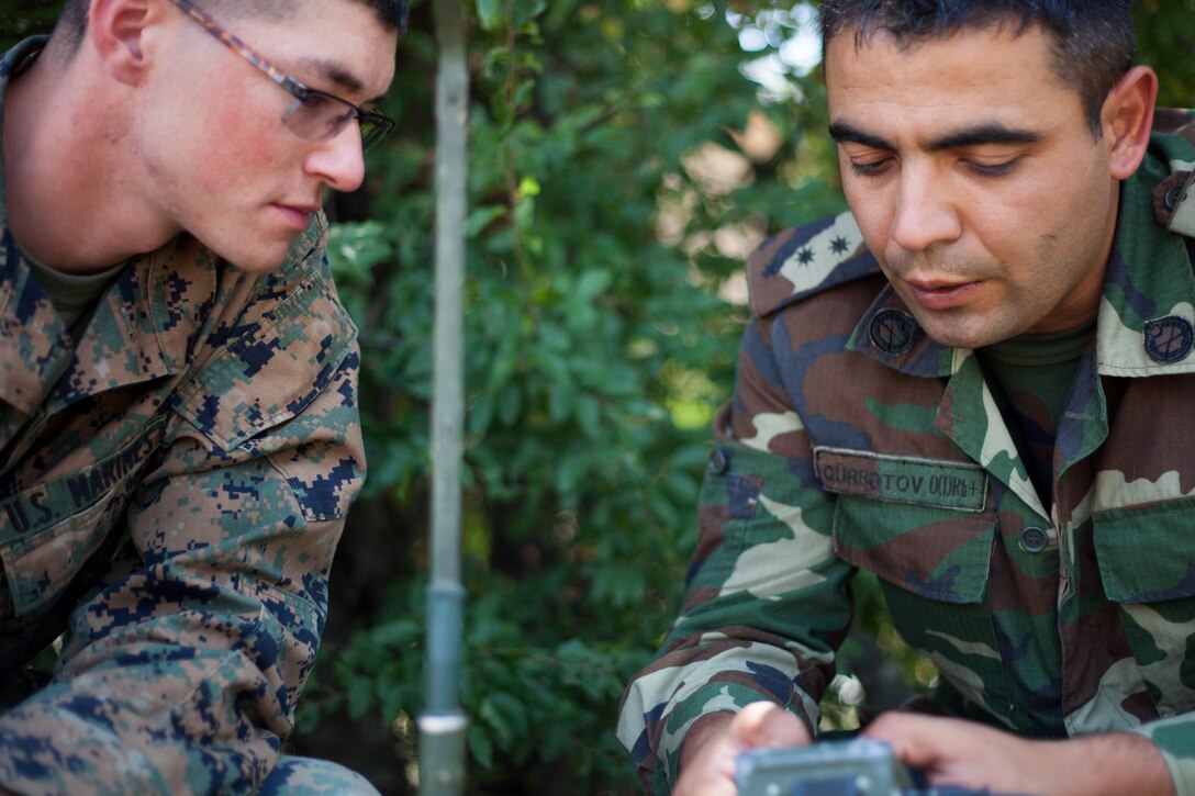 U.S. Marine Corps Lance Cpl. Jacob Olson, a radio operator with Black Sea Rotational Force 13, helps a soldier with Azerbaijan’s Operational Capabilities Concept battalion program a handheld radio during a communications platoon information exchange part of Exercise Platinum Lion 13 at Novo Selo Training Area, Bulgaria, July 20, 2013. BSRF-13 focuses on stability, counter-insurgency, and peacekeeping operations, in order to build partner-nation capacity, enhance interoperability between countries and increase overall effectiveness of participating military forces. 