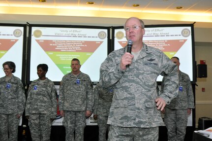 Gen. Craig McKinley, chief of the National Guard Bureau, discusses preparations for the 2009 hurricane season at a hurricane planning workshop sponsored by NGB and U.S. Northern Command at Hilton Head, S.C., on Feb. 19, 2009. A unified response is key to success after a storm, leaders say.