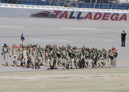 About 190 officer candidates from the Alabama National Guard Training Site at Fort McClellan, Ala., recently participated in a seven-mile march, including two miles around the Talladega Superspeedway.