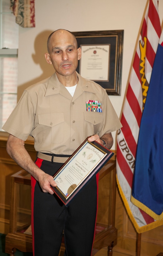 Brig. Gen Thomas A. Gorry speaks after being awarded a certificate marking him as a member of the Order of the Long Leaf Pine, by John Nicholson, the military affairs advisor for North Carolina Gov.  Pat McCrory, aboard Marine Corps Base Camp Lejeune. Nicholson presented the award on behalf of the governor. The award is typically given for long, dedicated service to the state of North Carolina, but the award can also be given for exemplary service in a short amount of time, said Nicholson. McCrory awarded Gorry on the basis of his time as the commanding general of Marine Corps Base Camp Lejeune.  