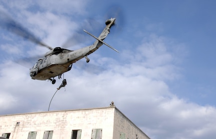 U.S. Army Soldiers conduct fast rope insertion and extraction training during Exercise Southbound Trooper IX at Fort Pickett, Va. Feb. 16, 2009.