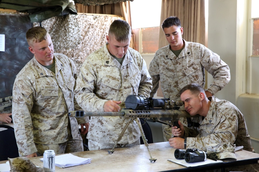 From left to right, Cpl. Mark Bradley, Sgt. Michael Henderson, Sgt. Jay Hewlett and Cpl. Alex Louser, all serving with 1st Light Armored Reconnaissance Battalion, practice using the scope on the M107 Special Application Scoped Rifle during a weeklong SASR training course here, July 9, 2013. Upon completion of the course, they will train their fellow Marines on the employment of the rifle.