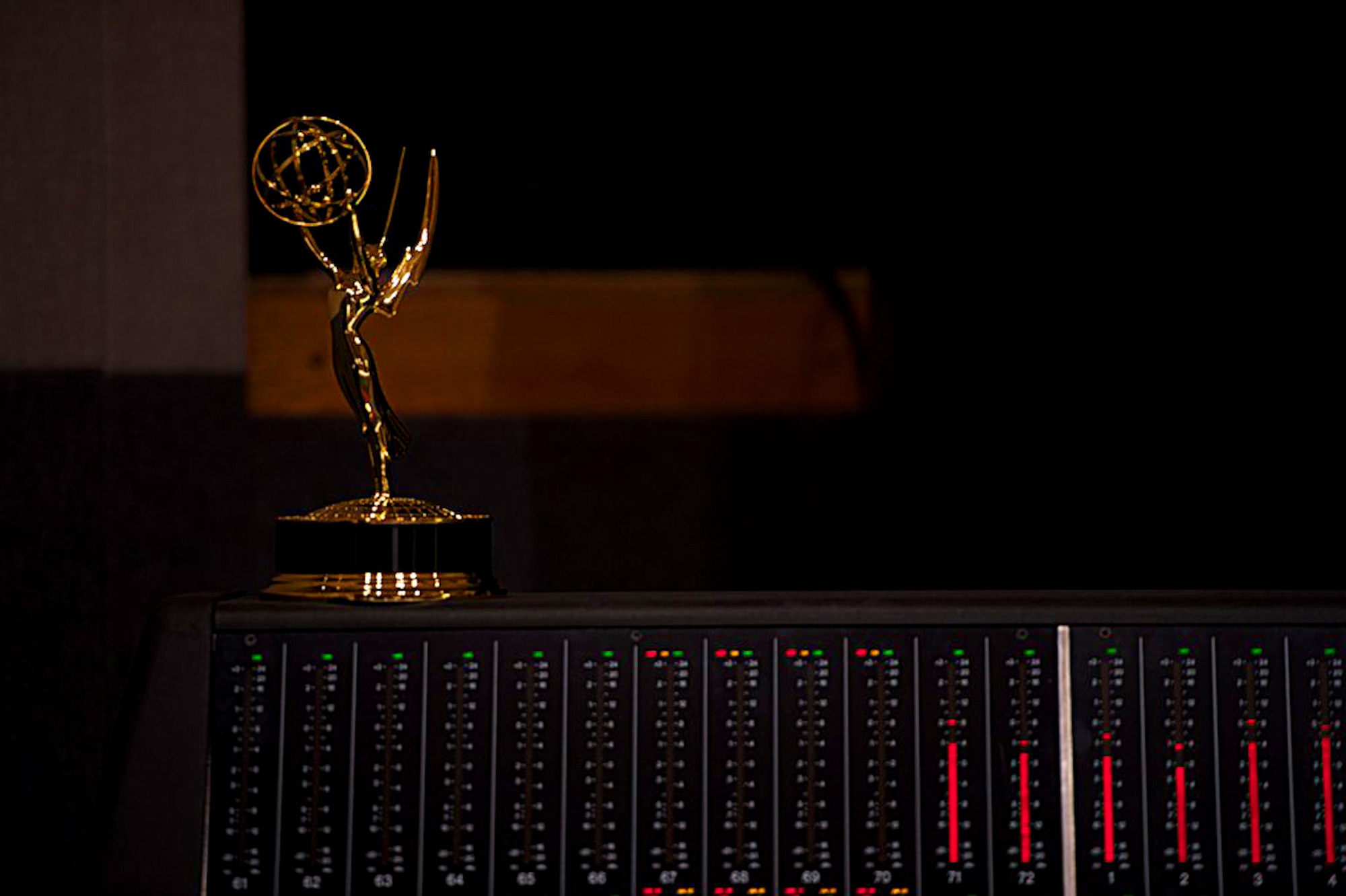 A regional Emmy® trophy sits in a recording studio July 3, 2013, at Bolling Air Force Base, Washington, D.C. Master Sgt. James DeVaughn, an audio engineer and production assistant with The U.S. Air Force Band, recently received the award in recognition of his contribution to the audio recording of a live Veteran's Day concert, which aired Nov. 11, 2012. (U.S. Air Force photo/Alexander W. Riedel)