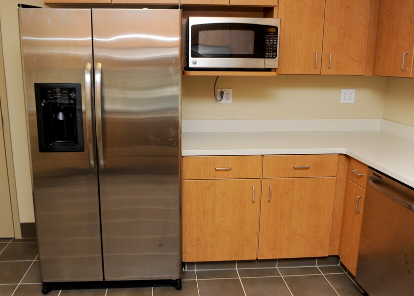 A new refrigerator and microwave are available for use to dormitory residents as part of a renovation project inside Lincoln Hall Dormitory at Ellsworth Air Force Base, S.D., July 15, 2013.This $306,000 project enhances the quality of life for Airmen living in the base dormitories. (U.S. Air Force photo by Airman 1st Class Anania Tekurio/Released)