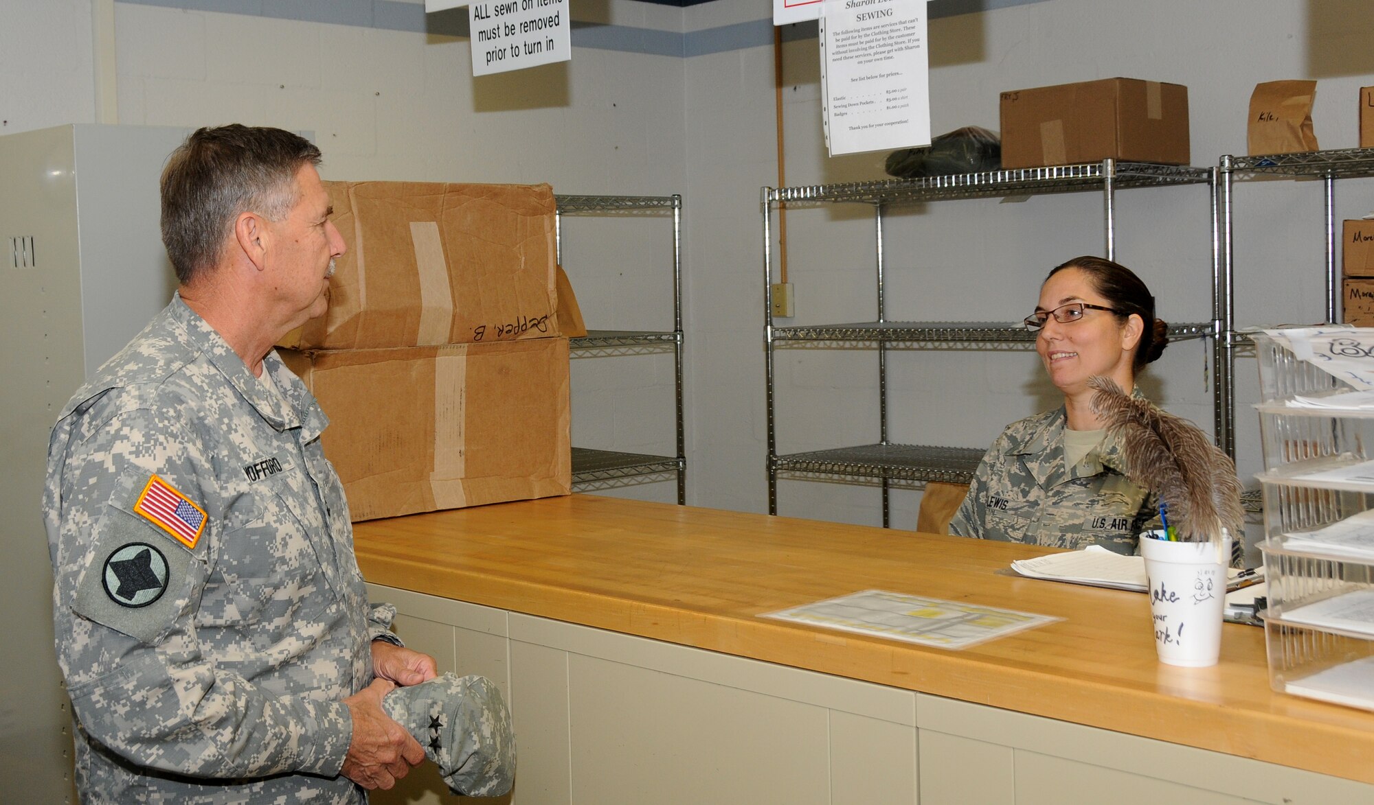 Maj. Gen. William Wofford, Arkansas National Guard adjutant general, visits with members of the 188th Logistics Readiness Squadron July 15 during a command visit to the 188th Fighter Wing. (U.S. Air National Guard photo by Senior Airman John Hillier/188th Fighter Wing Public Affairs)
