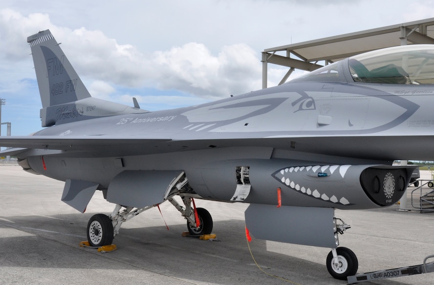 The 482nd Fighter Wing’s flagship F-16 recently received a new paint job at Homestead Air Reserve Base, Fla. The artwork for the paint job, running almost nose to tail on the jet, features the likeness of a Mako shark. Members of the 482nd Maintenance Squadron’s structural repair shop combined their artistic ideas and developed the paint scheme. (U.S. Air Force photo/Senior Airman Jaimi Upthegrove)
