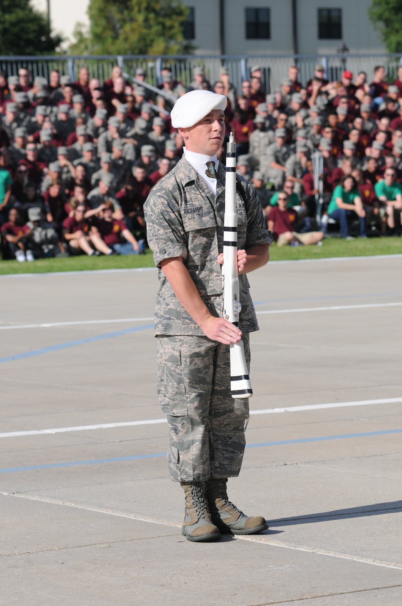 Airman Basic Garrett Richards, 334th Training Squadron freestyle drill master, requests permission to enter the field of freestyle drill competition during the 81st Training Group drill down competition July 19, 2013, behind the Levitow Training Support Facility, Keesler Air Force Base, Miss.  The 334th TRS won third place in every category to include open ranks, regulation, freestyle and overall.  (U.S. Air Force photo by Kemberly Groue)