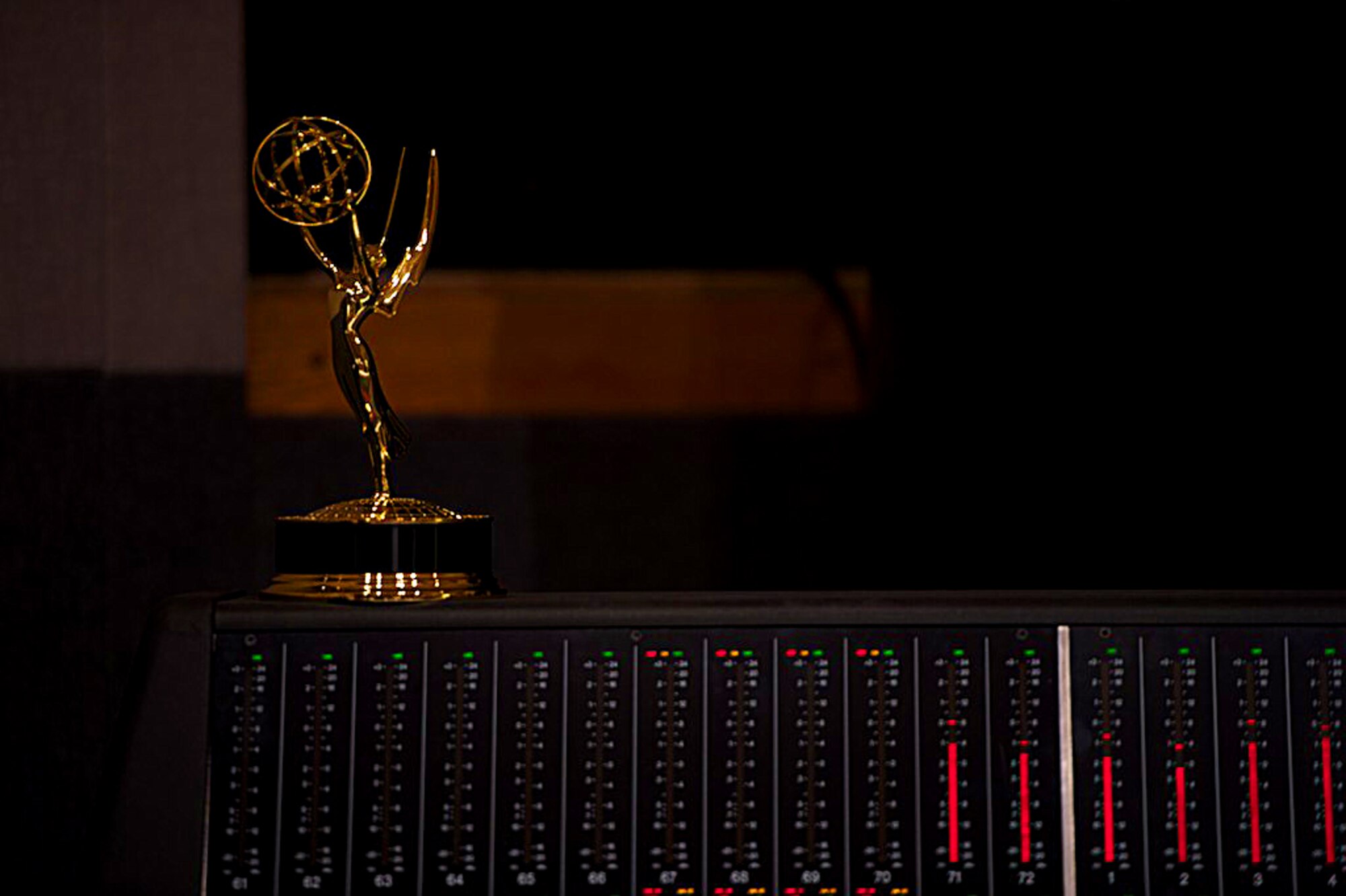 A regional Emmy® trophy sits in a recording studio July 3, 2013, at Bolling Air Force Base, Washington, D.C. Master Sgt. James DeVaughn, an audio engineer and production assistant with The U.S. Air Force Band, recently received the award in recognition of his contribution to the audio recording of a live Veteran's Day concert, which aired Nov. 11, 2012. (U.S. Air Force photo/Alexander W. Riedel)