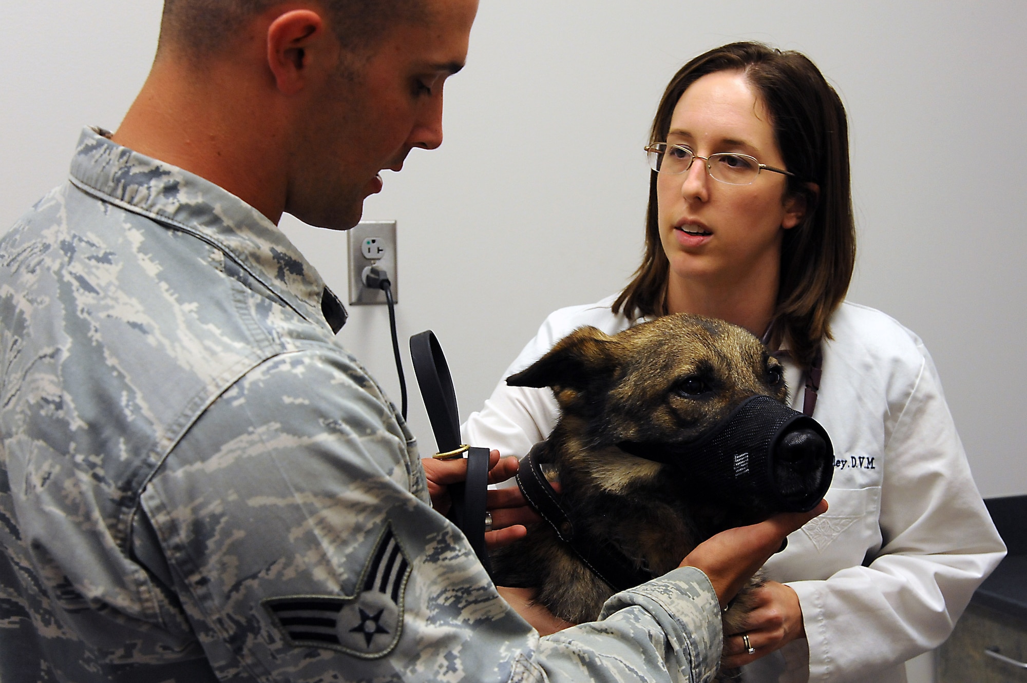 Senior Airman Shane Truman, 509th Security Forces Squadron military working dog handler, explains the symptoms of his working dog, Norbo, to Joanna Kuecker, Army Public Health Command District-Carson veterinarian, at Whiteman Air Force Base, Mo., July 3, 2013. Norbo suffers from allergies and is on medications to regulate his symptoms. (U.S. Air Force photo by Airman 1st Class Shelby R. Orozco/Released)