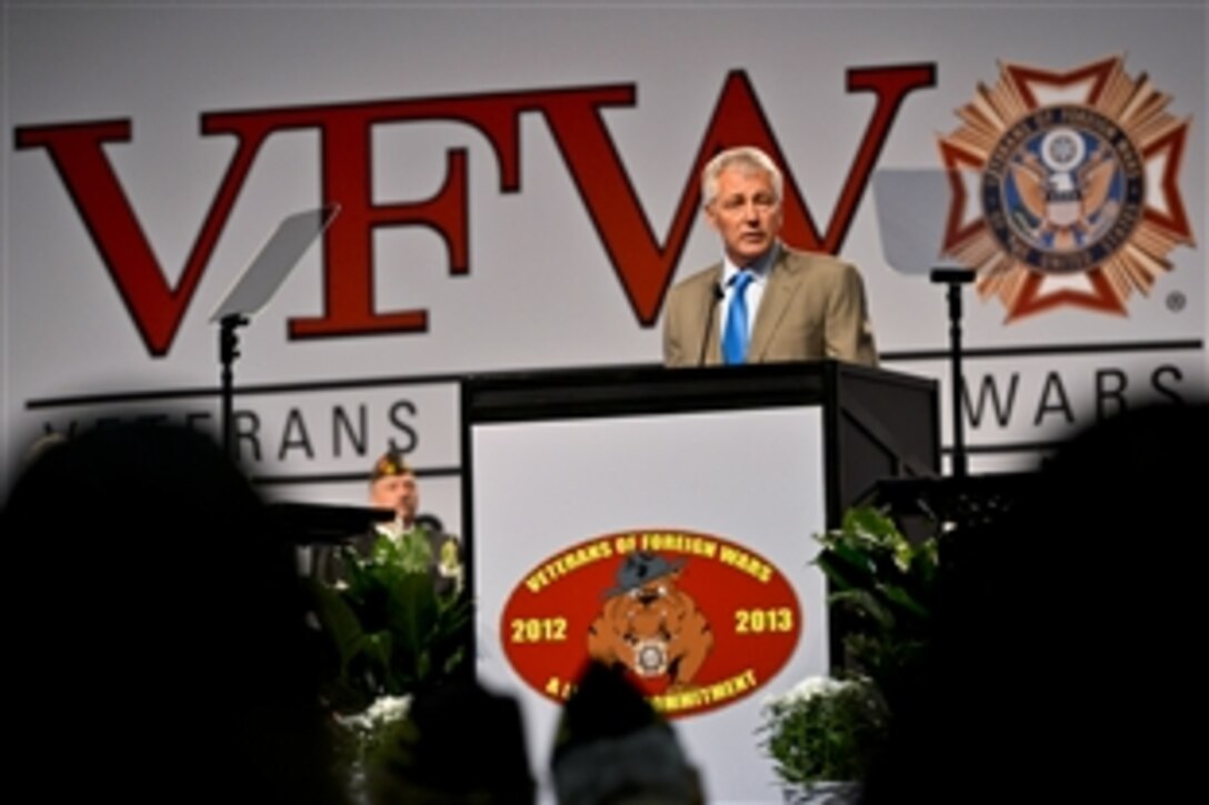 Defense Secretary Chuck Hagel delivers remarks to attendees of the Veterans of Foreign Wars national convention in Louisville, Ky., July 22, 2013. 