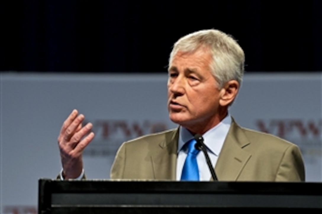 Defense Secretary Chuck Hagel delivers remarks to attendees of the Veterans of Foreign Wars national convention in Louisville, Ky., July 22, 2013.