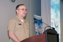 Navy Rear Adm. Samuel Cox, National Maritime Intelligence Center director, gives opening remarks at the 2nd annual NORAD and USNORTHCOM Maritime Stakeholders Conference June 1. The conference brings together military and civilian maritime agencies to discuss security and information sharing. The conference runs through June 3.
