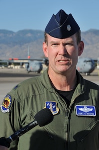 Lt. Col. Kurt Holden, 115th Airlift Squadron commander, California Air National Guard, Channel Islands Air National Guard Station, Calif., talked with Albuquerque news media June 15 about his squadron’s deployment to Kirtland AFB, N.M. In support of the National Interagency Fire Center, the unit brought two C-130J aircraft equipped with the Modular Airborne Fire Fighting System to help control wildfires in the Southwestern U.S.