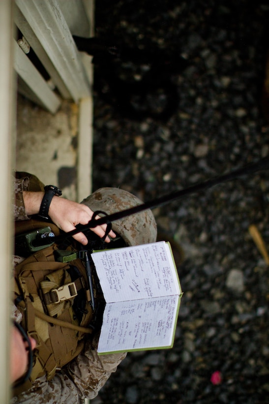 A Marine with 4th LEB, North Versailles, Pa., prepares to brief his
platoon prior to a mission during training June 27 in Camp Dawson, WV. The
training was part of a two-week field exercise designed to aid the Marines
in advising a host nation police force during deployments.
